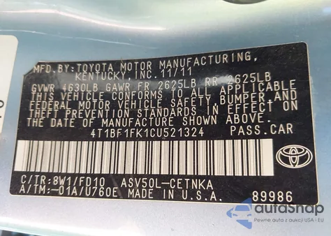 2012 Toyota Camry Le from USA, damaged, VIN 4T1BF1FK1CU521324